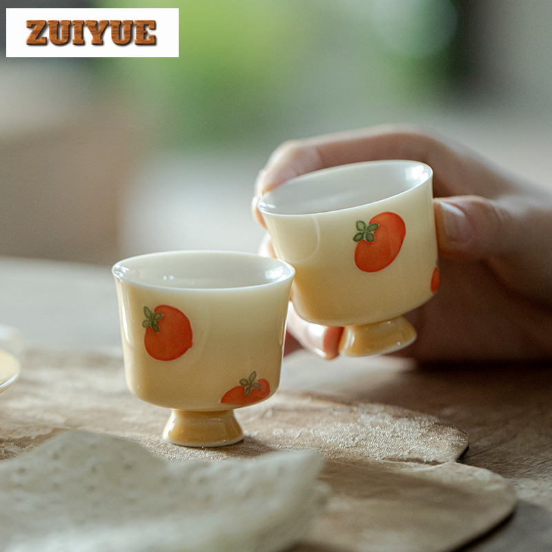 Handmade Ceramic Mug - 2 قطعة/الوحدة رسمت باليد البرسيمون المشمش